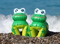 Inflatable frogs on a stony beach Royalty Free Stock Photo