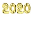 2020 inflatable gold numbers with shadow on white isolated background. New year winter decoration, holiday symbol, party item,