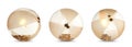 Inflatable golden beach balls with confetti inside on white background, collage. Banner design