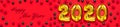 2020 inflatable golden numbers with red and green christmas balls on red background. New year winter decoration, holiday symbol,