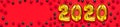 2020 inflatable golden numbers with red and green christmas balls on red background. New year winter decoration, holiday symbol,