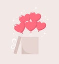 Inflatable heart balloons flying out of an open gift box on a beige background. Vector illustration