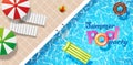 Inflatable mattress ball and pool rings in swimming pool sunbed umbrella. Poster template summer pool party vector illustration Royalty Free Stock Photo