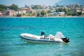 Inflatable motor boat on sea. Royalty Free Stock Photo