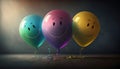 Inflatable multi-colored balloons with painted smiles. Fool\'s Day April