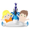 Inflatable peacock float with kids - front view cartoon style Royalty Free Stock Photo