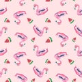 Inflatable pink flamingo with watermelon slices on a pink background. Watercolor illustration. Seamless pattern from the