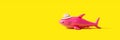 Inflatable pink shark with hat. Summer travel concept on yellow background 3D render