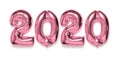 2020 inflatable pink silver numbers with shadow on white isolated background. New year winter decoration, holiday symbol, party