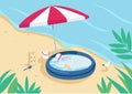 Inflatable pool and sun umbrella on sand beach flat color vector illustration Royalty Free Stock Photo