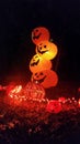 Stacked inflatable pumpkins in a pumpkin patch