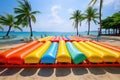 inflatable rafts for rent on a tropical beach pier