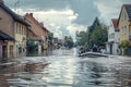 Inflatable rescue boat evacuating people, navigating through a flooded rural street. Floodwaters have inundated the