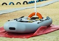 Inflatable Rescue Boat. Gray inflatable boat on the beach in the