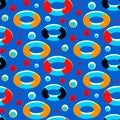 Inflatable ring lifebuoys and balls seamless pattern vector illustration. Summer holiday bright background