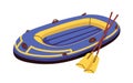 Inflatable rubber boat with oars. Water transport, rowing vessel with paddles. Rafting vehicle for recreation, leisure