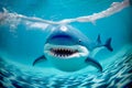 Inflatable shark attack underwater in pool, generative AI illustration