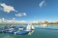 Inflatable slide for water sports, jet ski and motor boating in the Hamakawa fishing port in the vicinity of the American Village