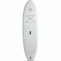 Inflatable stand-up paddleboard in a neutral color, featuring a streamlined, oval shape