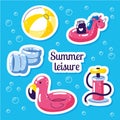 Inflatable swimming float set. Cute water toys flamingo, ball, unicorn floats. Beach party vector summer stickers. Pool Royalty Free Stock Photo