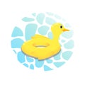 Inflatable swimming ring in shape of funny yellow duck. Floating beach toy. Royalty Free Stock Photo