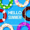 Inflatable swimming ring vector poster with hello summer in white frame. Water toys, floats. Beach party and hello Royalty Free Stock Photo