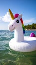 Inflatable white unicorn pool float with rainbow mane floats on wavy ocean water under blue sky Royalty Free Stock Photo