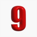 Inflated glossy, red balloon in the shape of a number 9, element, design.