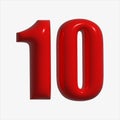 Inflated glossy, red balloon in the shape of a number 10, element, design.