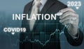 Inflation 2022 2023. businessman writes word inflation against background of graph of rising inflation rates. decreasing Royalty Free Stock Photo
