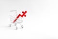 Inflation concept. 3D Red rising arrows with percentage icon in white shopping cart trolley isolated on white background. Royalty Free Stock Photo