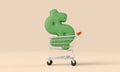 Inflation concept. Rising cost of food and shopping. Dollar sign with shopping cart. 3D Rendering