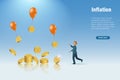 Inflation, deflation, money lost concept. Businessman chasing flying money on balloon. Profit lost, value reduce due to global