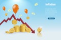 Inflation, deflation, money lost concept. Decrease graph with flying money on balloon. Profit lost, value reduce due to global