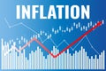Inflation graph on blue finance background from line, charts, columns, red arrow, candlesticks