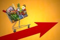 Inflation, growth of food sales, growth of market basket or consumer price index concept. Shopping basket with foods on arrow