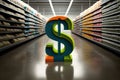 big dollar sign in grocery store aisle illustrating price increase and inflation. Royalty Free Stock Photo