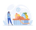 Inflation illustration. Characters buying groceries and luxury goods in supermarket and worries about price increase.Flat vector