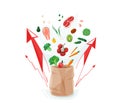 Inflation, increase price vector illustration. Growth of market basket or consumer price index concept. Paper bag with