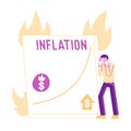 Inflation, Market Fall and Depreciation Concept. Depressed Business Man Character Looking at Grow Chart