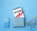 Inflation rate increasing concept with purse, calculator and shopping cart Royalty Free Stock Photo