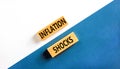 Inflation shocks symbol. Concept words Inflation shocks on wooden blocks. Beautiful white and blue background. White and blue