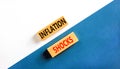 Inflation shocks symbol. Concept words Inflation shocks on wooden blocks. Beautiful white and blue background. White and blue