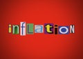 Inflation word, collage from clippings with newspaper and magazine letters on red background