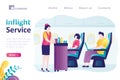 Inflight service, landing page template. People communicates with cabin crew during flight. Stewardess serving passengers in