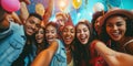 Influencer Captures Group Selfie At Vibrant, Funfilled Party With Popart Flair Royalty Free Stock Photo