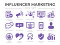 Influencer Marketing icon Set. Content, Promoter, Social Reach, Blog, Growth, Conversation, Followers, Online Shopping,
