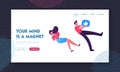 Influencer Smm Website Landing Page. Man and Woman Holding Huge Social Media Symbols of Likes Heart and Thumb Up