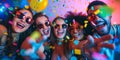 Influencer Snaps Dynamic Group Selfie At Lively Party Embracing Pop Art Aesthetic