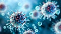 Influenza virus, abstract microbes, bacteria, microorganism cells, pathogen, blue background. Medicine, healthcare